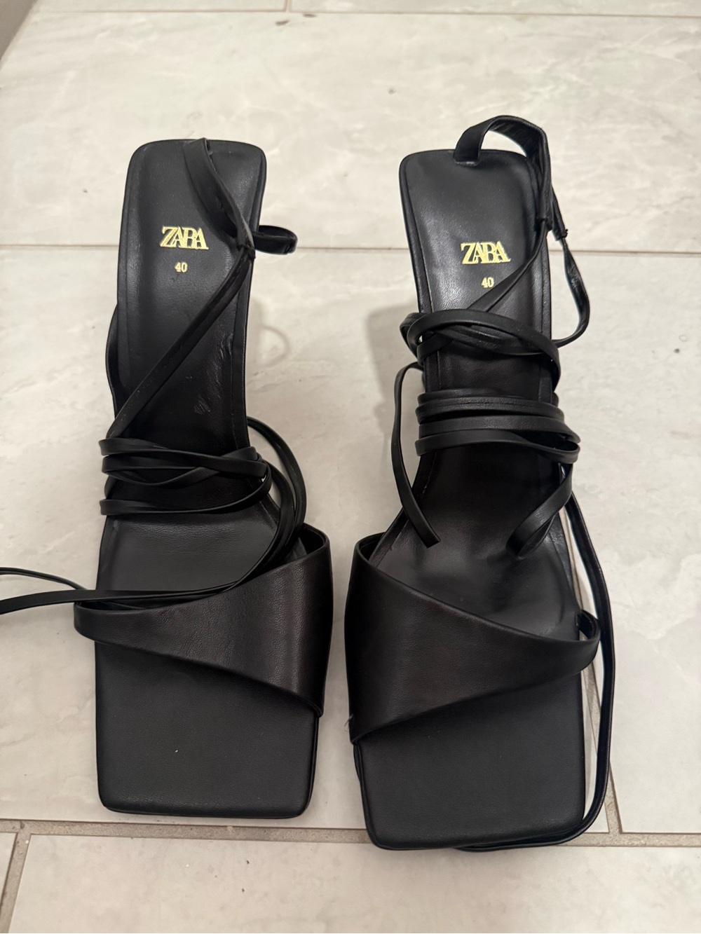 ZARA Black Strappy Square-Toe Lace-Up Heels